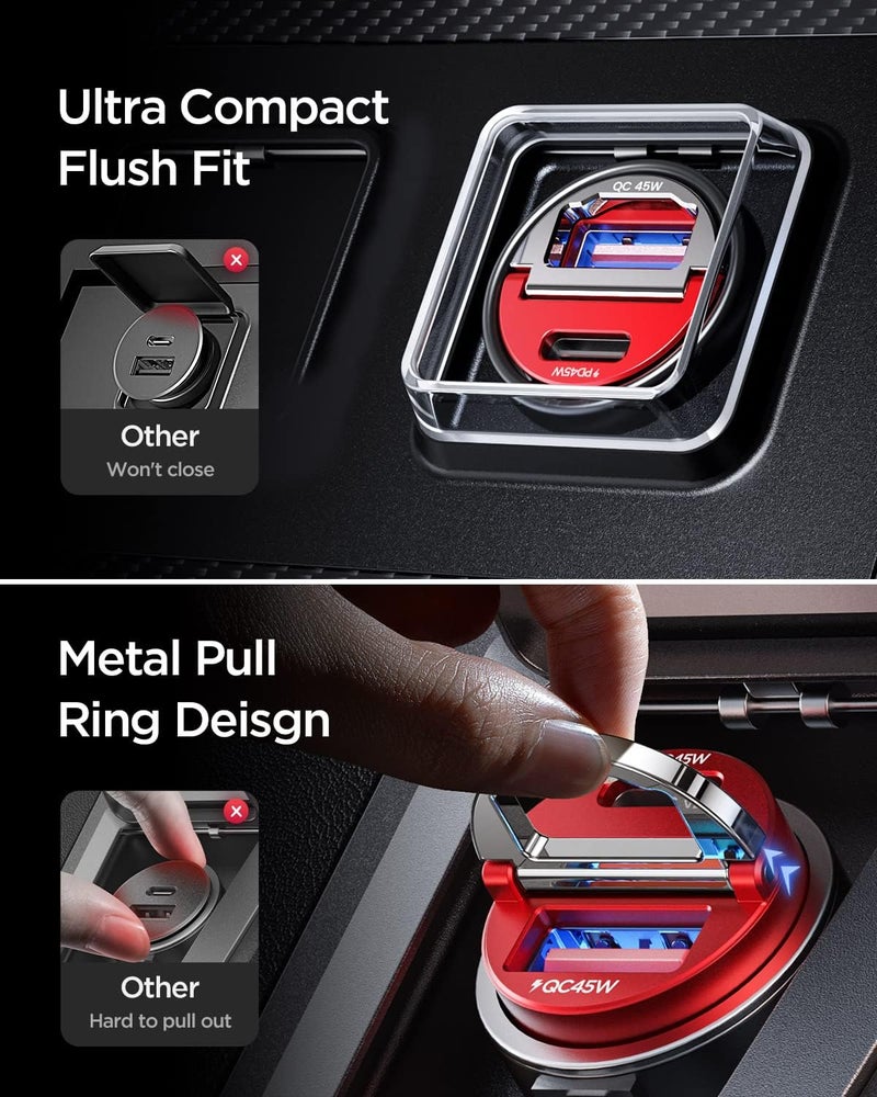 MRGLAS 90W USB C Car Charger Fast Charge, PD45W & QC45W, Flush Fit, Extra 3.3ft Type C Cable, All Metal, Cigarette Lighter USB Charger for iPhone 16 15 Pro Samsung S25 S24 S23 Ultra Pixel 8/8Pro/7-Red - Image 3